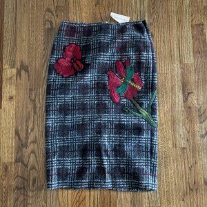 Philosophy Women's Black Gray Red Plaid Wool Blend Pencil Skirt Floral Sz 2 NWT